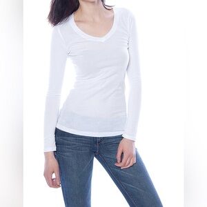 Active basic Womens Basic Deep V Neck white T Shirt with Long Sleeves size S